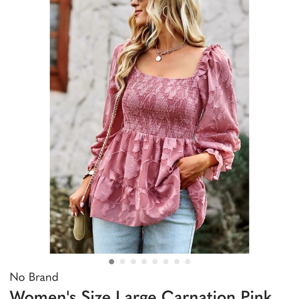 Women's Size Large Carnation Pink Smocked Square Neck Flounce Long Sleeve Blouse